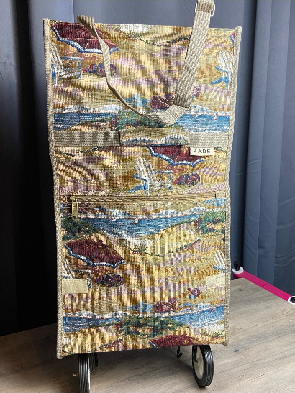 Jade Beach Tapestry Rolling Tote - Sand, Blue & Red Accents